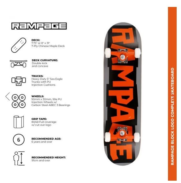 RAMPAGE Block Logo Complete Skateboard 8"