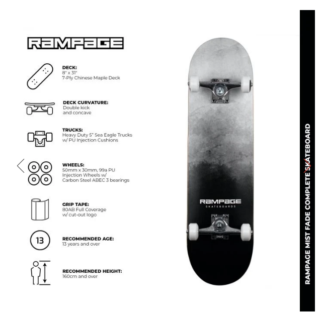 RAMPAGE Mist Fade Complete Skateboard 8"