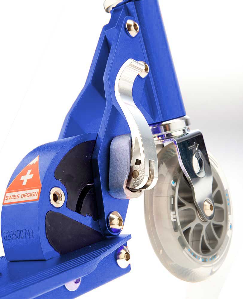 Close up of wheel on Micro Sprite Kids Scooter in Blue